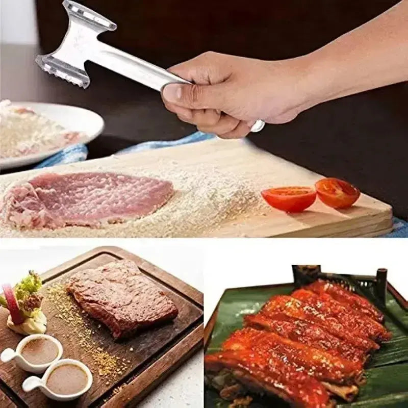 Meat Tenderizer – Evenly Tenderizes Beef, Veal, Pork + Double-Sided Aluminum Hammer for Quick Prep – double-sided aluminum meat hammer in use