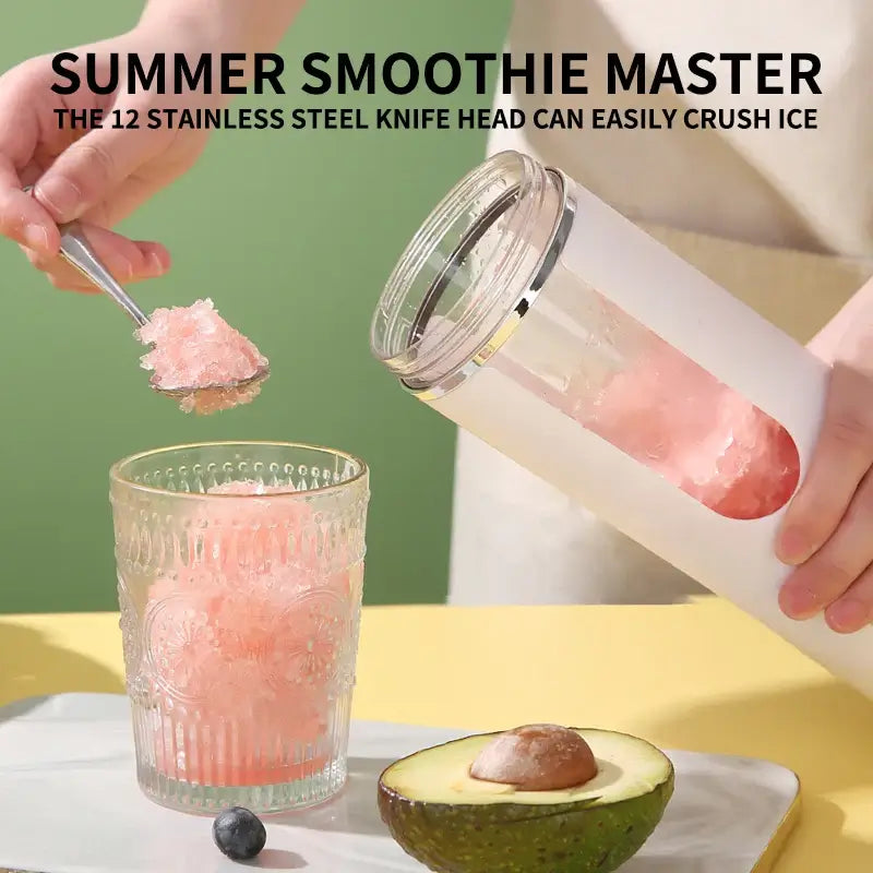 usb rechargeable juicer cup - Effortless Blending Anywhere with crushed ice and smoothie in glass.