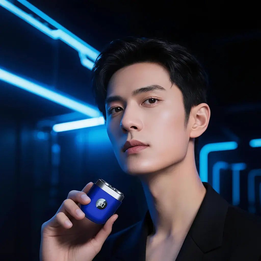 Rechargeable beard shaver held by a man in a stylish setting with blue neon lights.