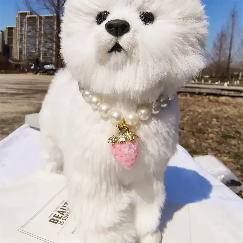 Pet Collar With Pearl Necklace - Pet-Safe Comfort + Lightweight Resin Design For Everyday Wear on small white dog with pearl beads and pink strawberry pendant
