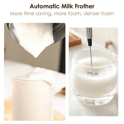 Milk Frother – Cafe-Quality Foam + 5-in-1 Function pouring thick hot foam and frothing milk in glass