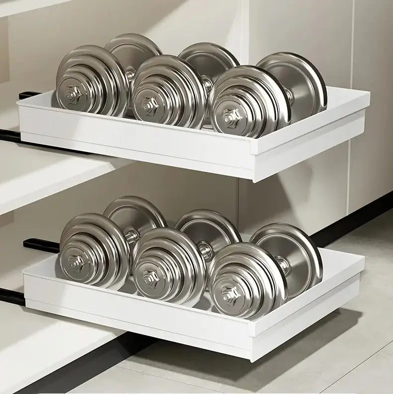 Slide Out Cabinet Organizer No Drill Magic Tray Heavy Duty Space Saver Under Sink - white slide-out trays holding dumbbells under sink