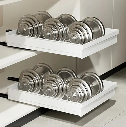 Slide Out Cabinet Organizer No Drill Magic Tray Heavy Duty Space Saver Under Sink - white slide-out trays holding dumbbells under sink
