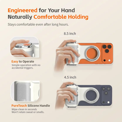 Magnetic Phone Grip With Remote Control and Handle Stabilizer shown on iPhone with comfortable silicone handle and easy one-handed operation