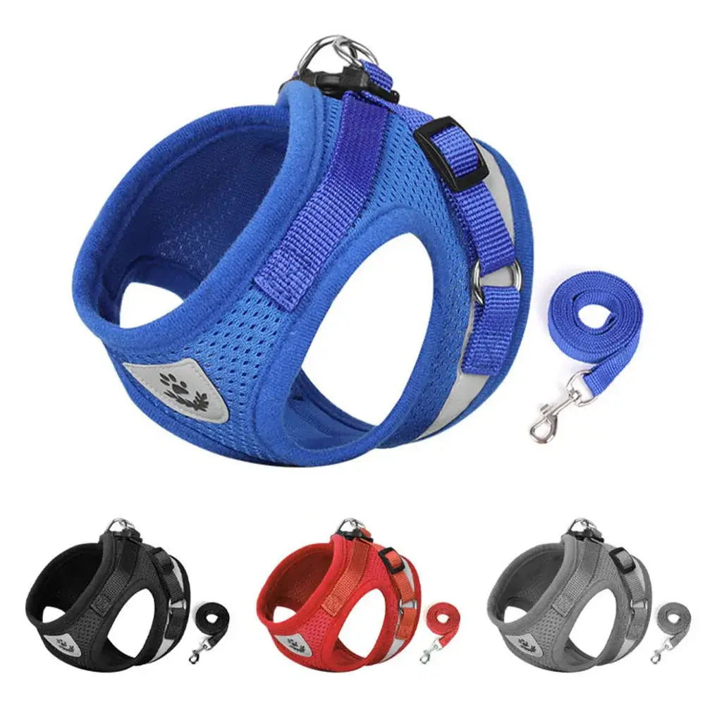 Pet Harness And Leash Set Adjustable Breathable Escape Proof Vest Reflective Collar For Dogs And Cats - blue padded escape-proof vest with leash