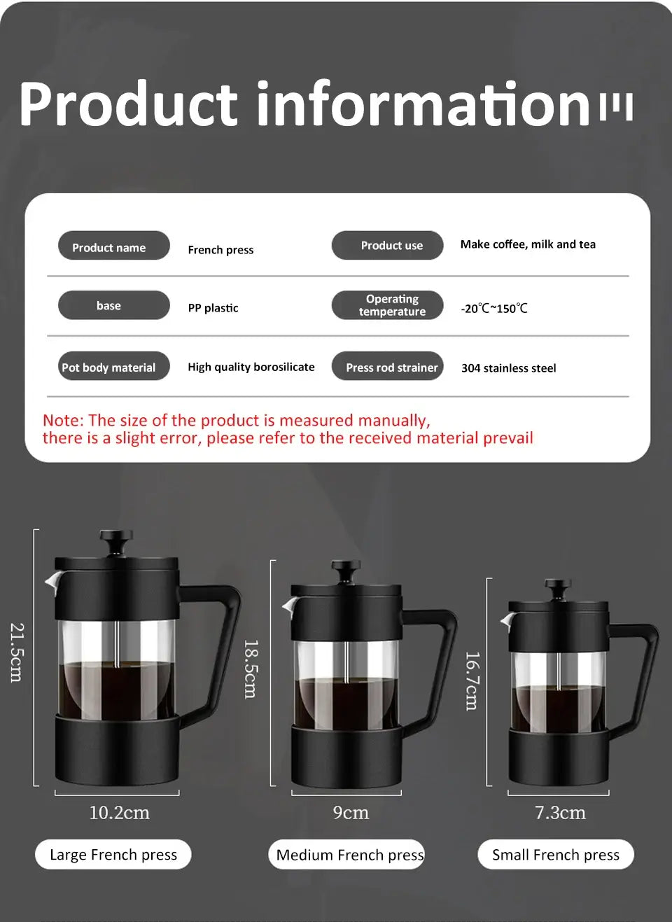 French Press - Bold Flavor + Heat Resistant Borosilicate Glass 350/600/1000ml clear thickened borosilicate glass French press with black handle and plunger
