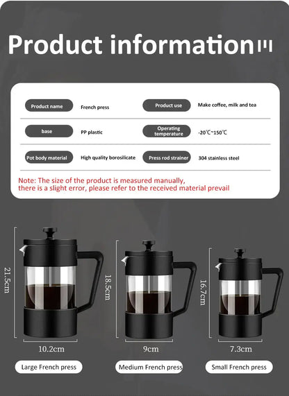 French Press - Bold Flavor + Heat Resistant Borosilicate Glass 350/600/1000ml clear thickened borosilicate glass French press with black handle and plunger