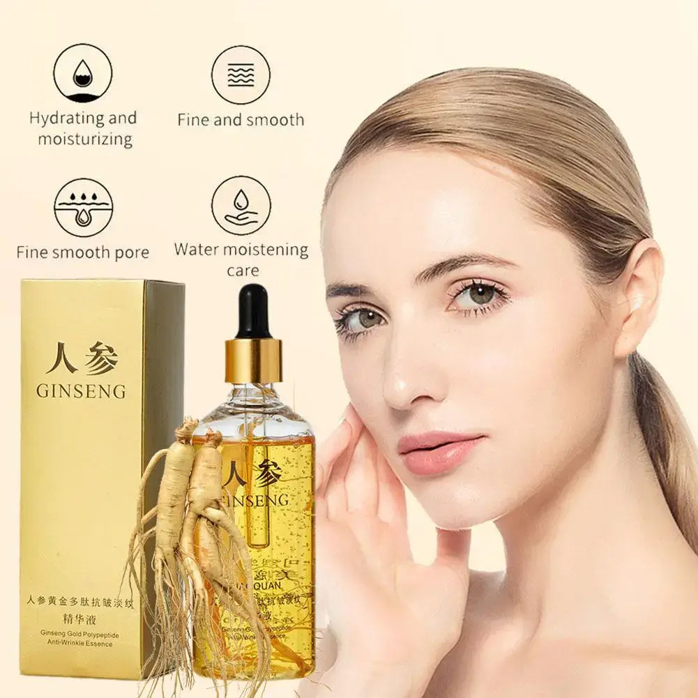 Face Serum – Even-Tone Radiance For Youthful Glow + Gold Ginseng Polypeptide Complex bottle with ginseng and model showcasing radiant skin
