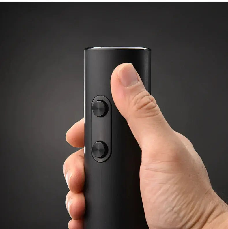 One-touch cordless electric wine opener set held in hand with buttons, ideal for quick uncorking.