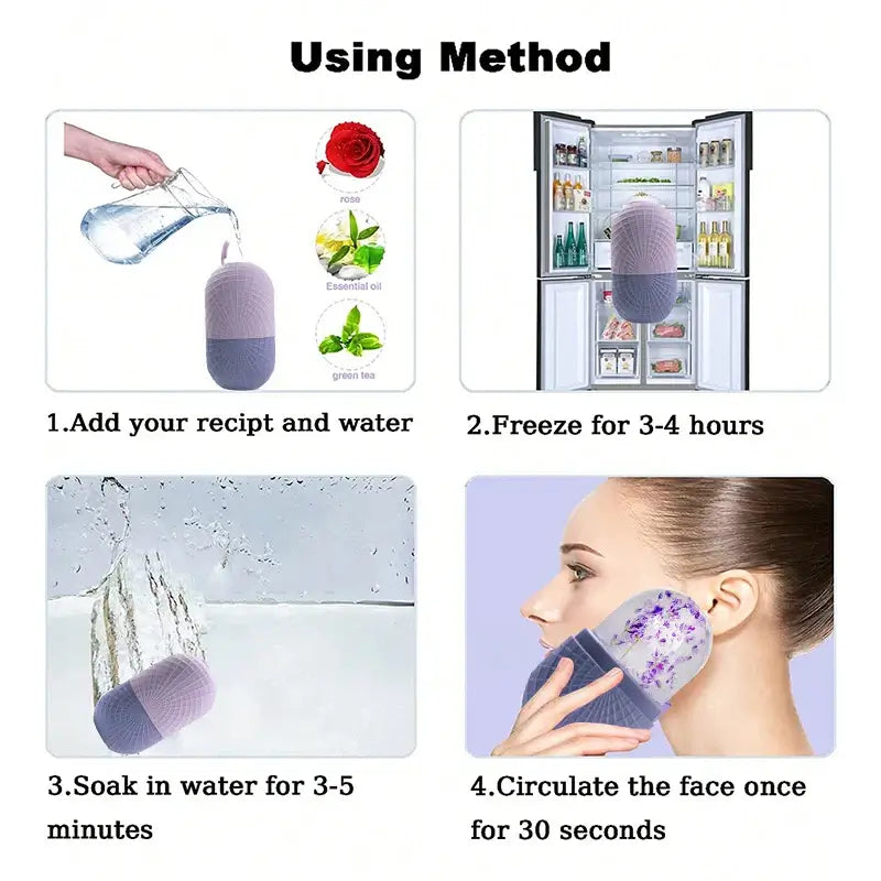 Premium Face Ice Roller For Face And Eyes – Cooling + Leak-Proof Silicone Ice Mold shown with pouring water, freezer, soaking step and woman using on cheek
