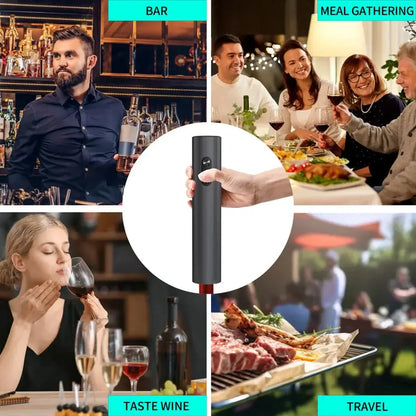Electric wine opener set showcased in bar, meal gatherings, wine tasting, and travel settings.