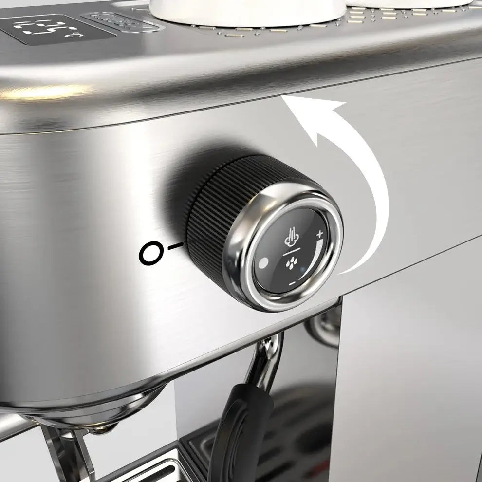 Semi Automatic Espresso Machine – Temperature Adjustable + 20 Bar Extraction stainless steel dial control close-up