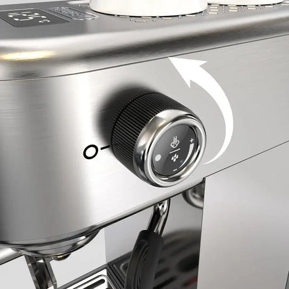 Semi Automatic Espresso Machine – Temperature Adjustable + 20 Bar Extraction stainless steel dial control close-up