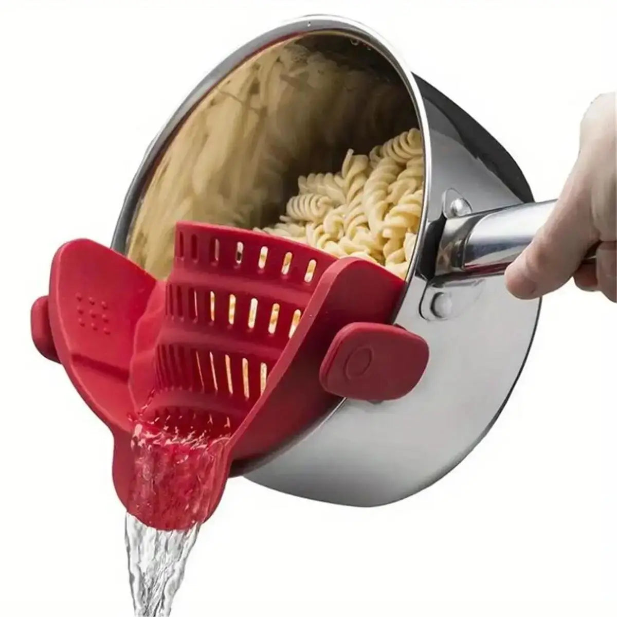 Pot Strainer – Mess-Free Draining + Clip-On Adjustable Stainless Steel red clip-on strainer draining pasta from pot