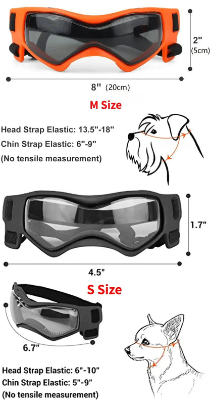 UV Protection Dog Adjustable Sunglasses For Outdoors sizes and measurements chart with M and S sizes for dogs.