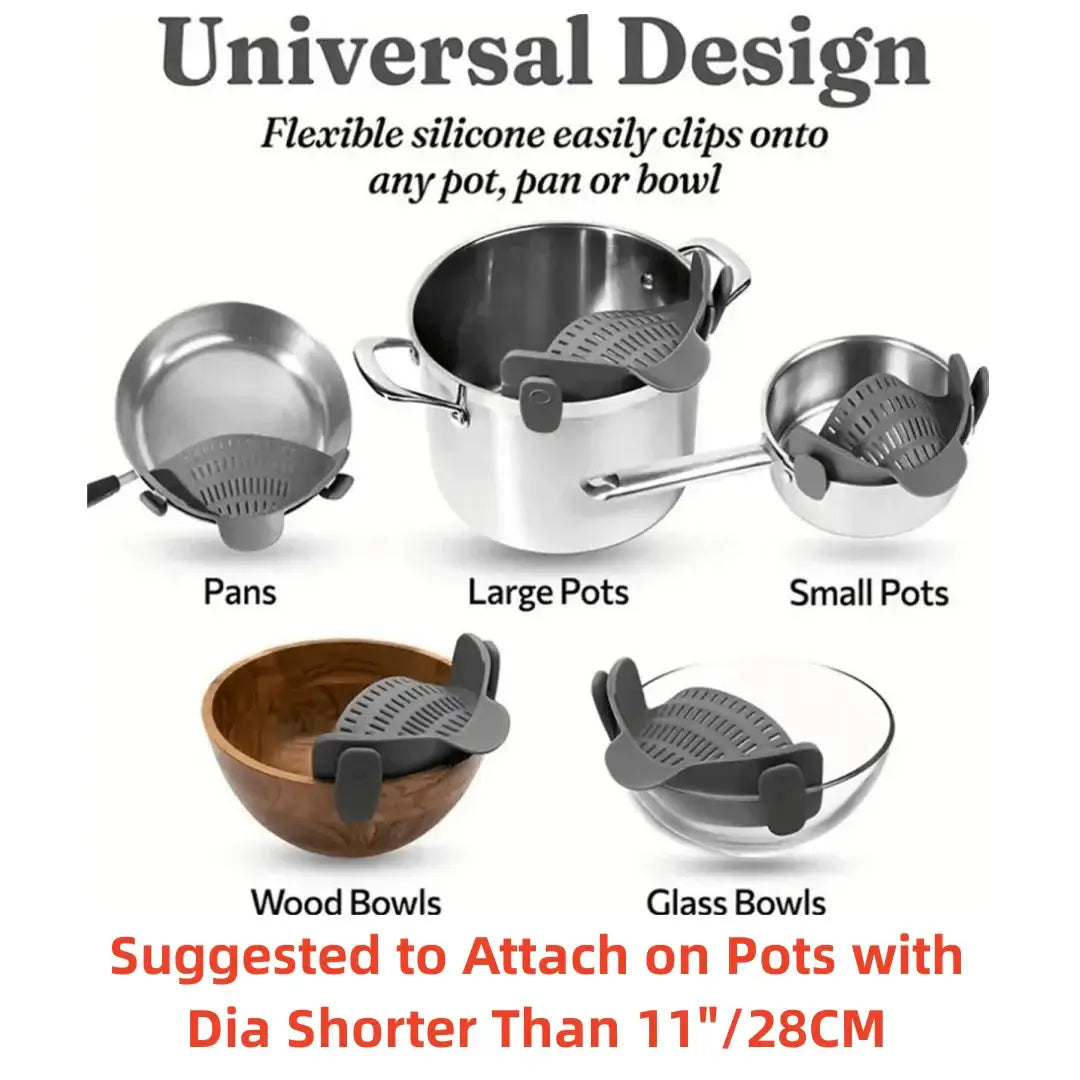 Pot Strainer – Mess-Free Draining + Clip-On Adjustable Stainless Steel clipped onto pans, large and small pots, wood and glass bowls for mess-free draining