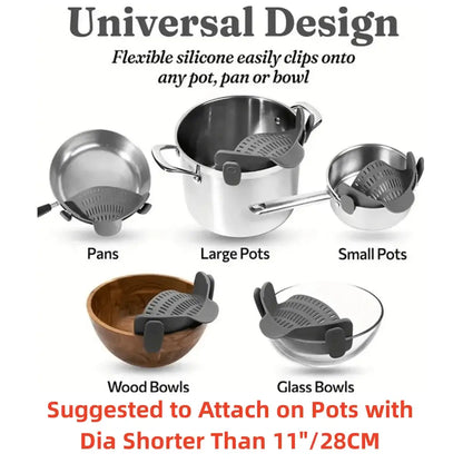 Pot Strainer – Mess-Free Draining + Clip-On Adjustable Stainless Steel clipped onto pans, large and small pots, wood and glass bowls for mess-free draining