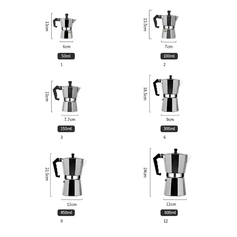 Moka Pot – Café-Quality Espresso At Home, Daily Brew Convenience + 600ml Capacity stainless steel moka pot range showing sizes 50ml–600ml