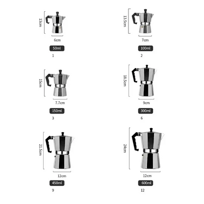 Moka Pot – Café-Quality Espresso At Home, Daily Brew Convenience + 600ml Capacity stainless steel moka pot range showing sizes 50ml–600ml