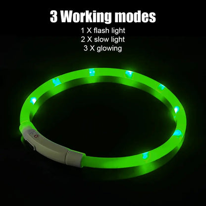 LED dog collar for night safety showcasing 3 working modes with high-visibility glow for nighttime safety.