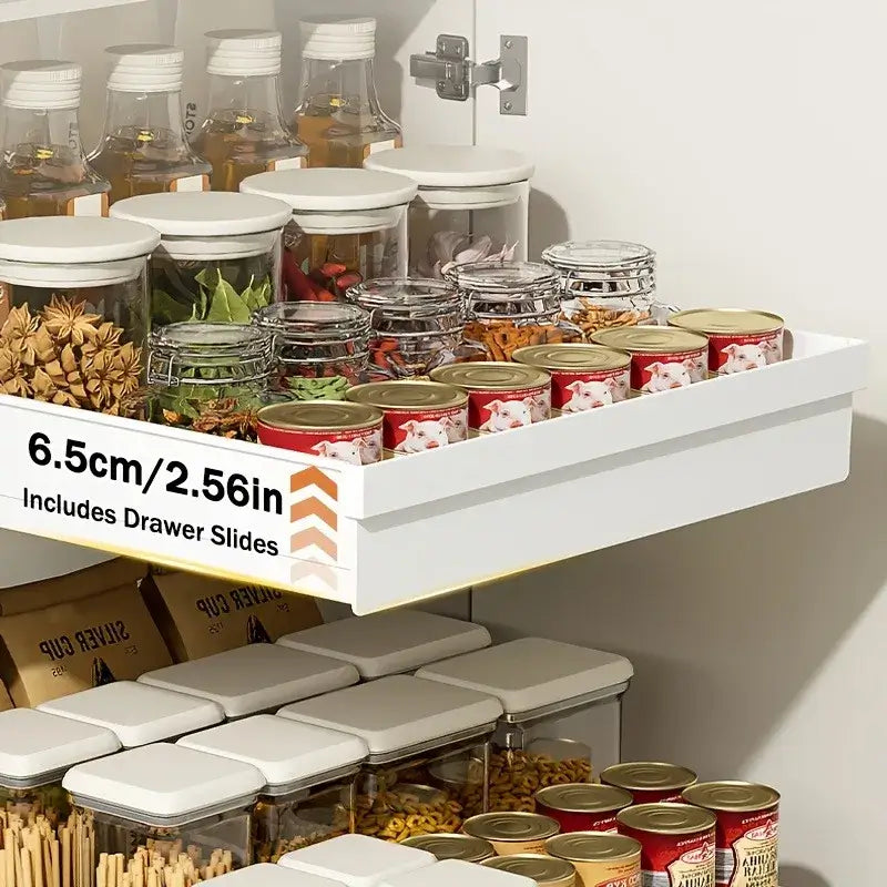 Slide Out Cabinet Organizer No Drill Magic Tray Heavy Duty Space Saver Under Sink showing slide-out tray loaded with jars and cans