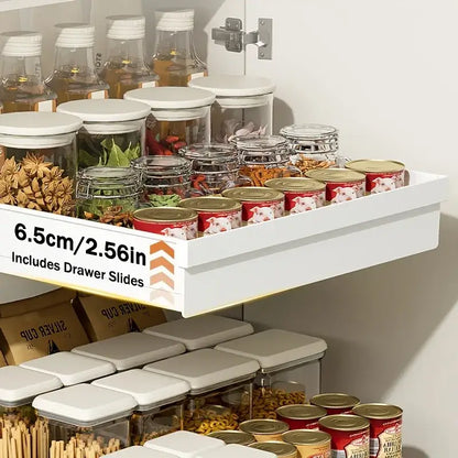 Slide Out Cabinet Organizer No Drill Magic Tray Heavy Duty Space Saver Under Sink showing slide-out tray loaded with jars and cans