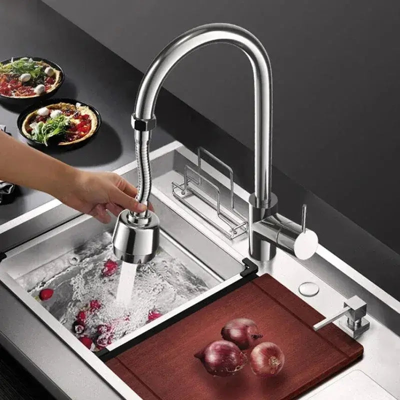 Universal Kitchen Faucet Adapter - Water-Saving Performance For Precise Cleaning + 360 Rotation attached to stainless sink, 360° swivel, two spray modes