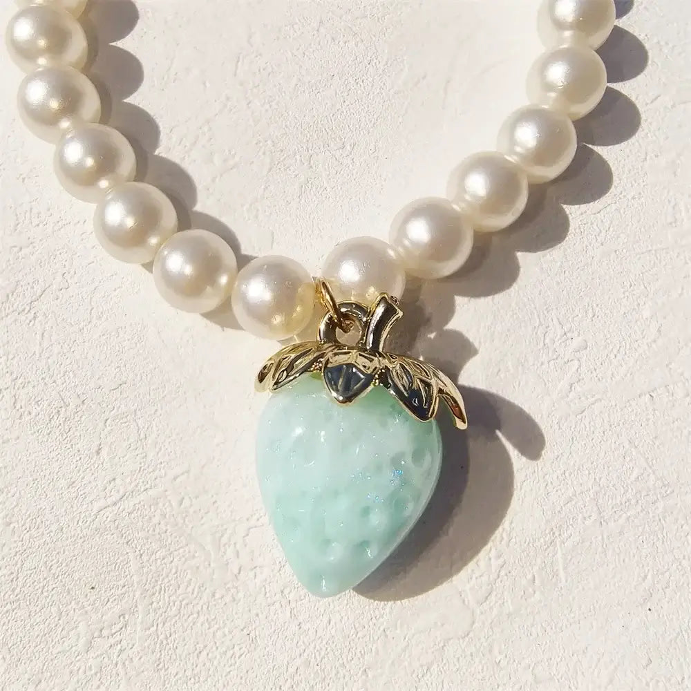 Pet Collar With Pearl Necklace - Pet-Safe Comfort + Lightweight Resin Design For Everyday Wear, pearl beads with mint strawberry pendant