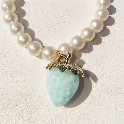 Pet Collar With Pearl Necklace - Pet-Safe Comfort + Lightweight Resin Design For Everyday Wear, pearl beads with mint strawberry pendant