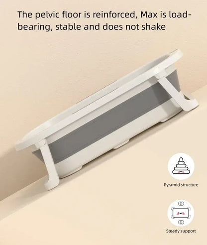 Foldable baby bath tub with reinforced pelvic floor, stable design, and pyramid structure for toddlers.