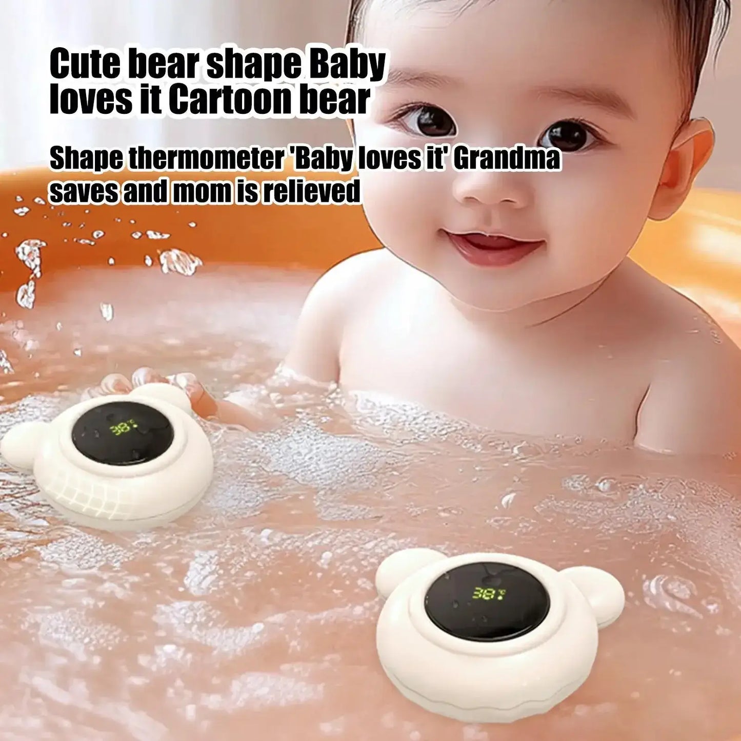 Baby Bath Thermometer – Safe Bath Time + Digital LED Display Waterproof Floating Duck Toy floating bear-shaped digital thermometer in baby bathtub showing LED temp