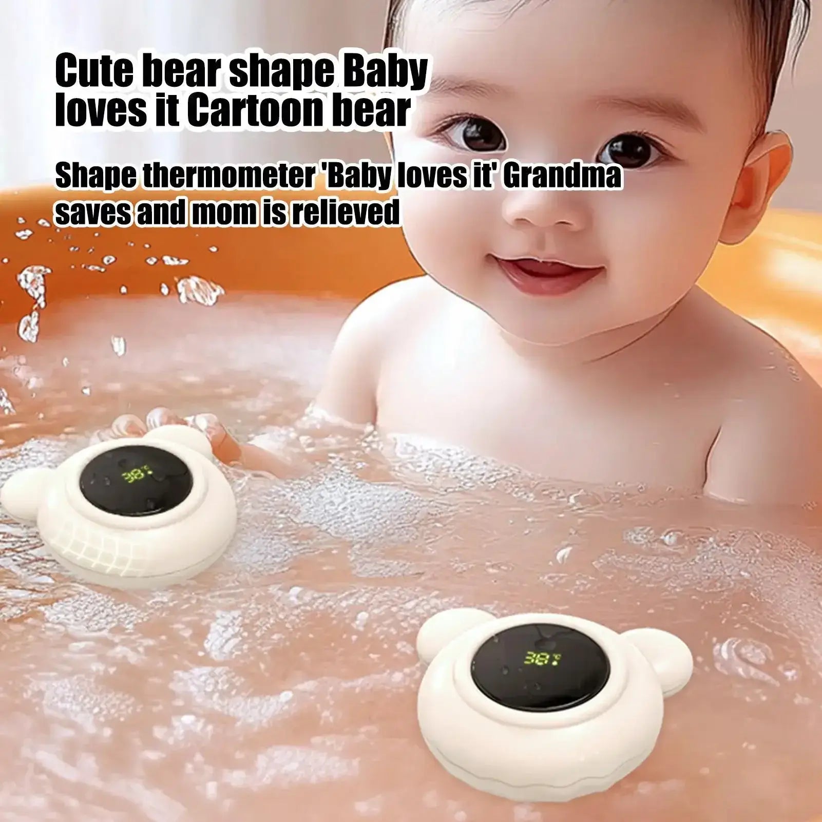 Baby Bath Thermometer – Safe Bath Time + Digital LED Display Waterproof Floating Duck Toy floating bear-shaped digital thermometer in baby bathtub showing LED temp
