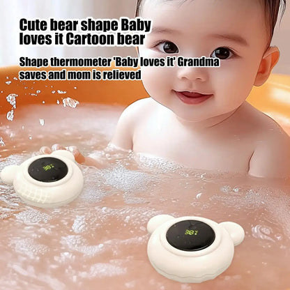 Baby Bath Thermometer – Safe Bath Time + Digital LED Display Waterproof Floating Duck Toy floating bear-shaped digital thermometer in baby bathtub showing LED temp