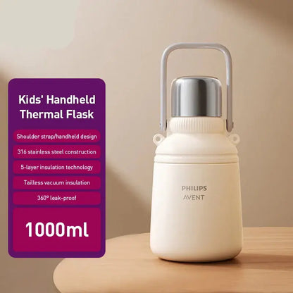 Avent Kids Vacuum Bottle For All-Day Temperature Control with 5-layer insulation and leak-proof design.