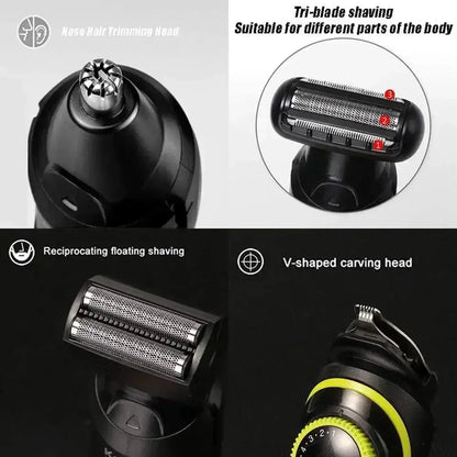 Kemei KM-696 men's grooming kit showing interchangeable heads for nose hair trimming, tri-blade shaving, and floating carving.