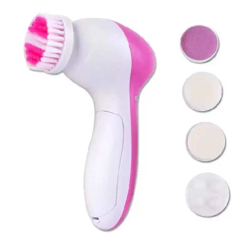 5-in-1 Electric facial cleansing brush and massager in white and pink with five interchangeable heads