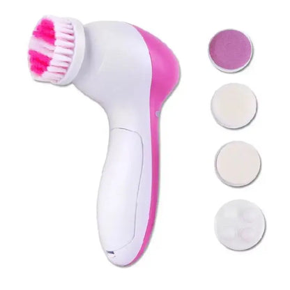 5-in-1 Electric facial cleansing brush and massager in white and pink with five interchangeable heads