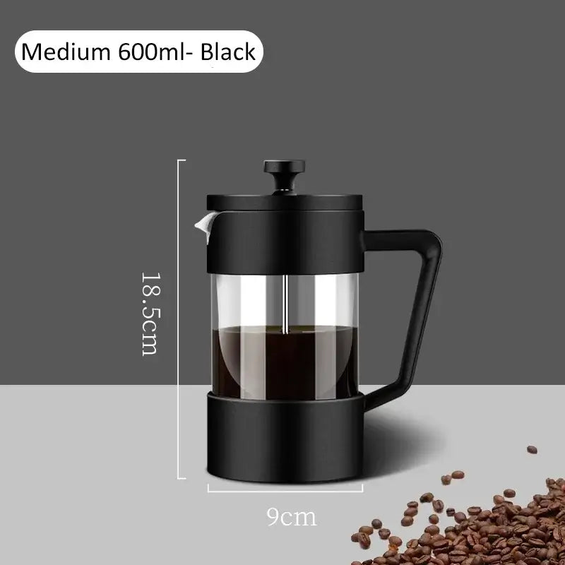 French Press - Bold Flavor + Heat Resistant Borosilicate Glass 600ml black French press with handle and measuring markings