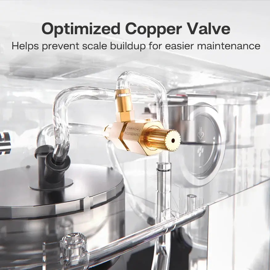 Semi Automatic Espresso Machine – Temperature Adjustable + 20 Bar Extraction close-up of optimized copper valve and tubing, stainless steel shell