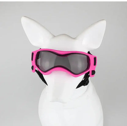 UV Protection Dog Adjustable Sunglasses For Outdoors on a display dog model showing pink color and full eye coverage.