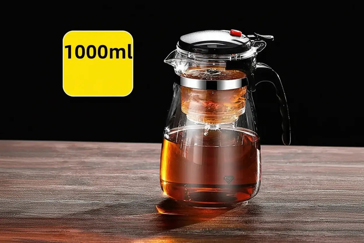 Glass Teapot 1L – Rich Aroma + One-Click Filter System, 1L heat-resistant glass teapot with built-in one-click filter