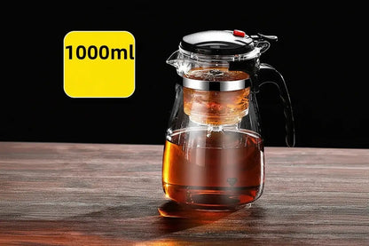Glass Teapot 1L – Rich Aroma + One-Click Filter System, 1L heat-resistant glass teapot with built-in one-click filter