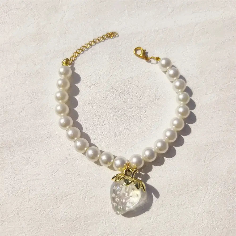 Pet Collar With Pearl Necklace - Pet-Safe Comfort + Lightweight Resin Design For Everyday Wear delicate pearl pet collar with strawberry pendant, lightweight resin, XS-XL sizes