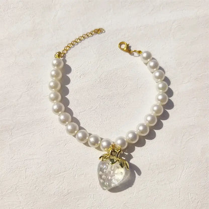 Pet Collar With Pearl Necklace - Pet-Safe Comfort + Lightweight Resin Design For Everyday Wear delicate pearl pet collar with strawberry pendant, lightweight resin, XS-XL sizes