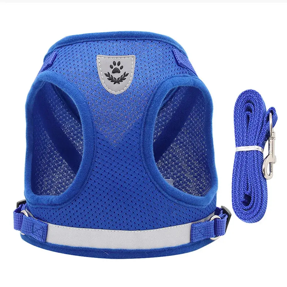 Pet Harness And Leash Set Adjustable Breathable Escape Proof Vest Reflective Collar For Dogs And Cats - blue mesh escape-proof vest with leash