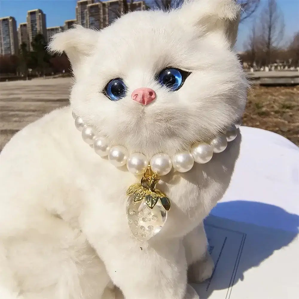 Pet Collar With Pearl Necklace - Pet-Safe Comfort + Lightweight Resin Design For Everyday Wear on white kitten with pearl necklace and strawberry pendant