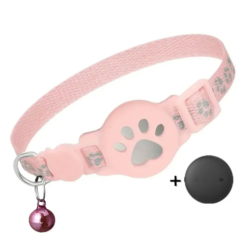 Pet GPS Tracker – Anti-Lost Real-Time Alerts + Waterproof Mini Collar showing pink waterproof mini collar with paw design and round GPS device