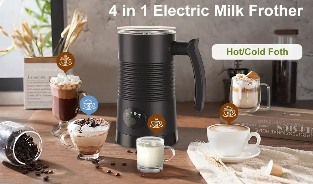 Milk Frother - Café-Quality Foam In Seconds + 4-In-1 electric automatic rotary milk frother on wooden table with coffee drinks