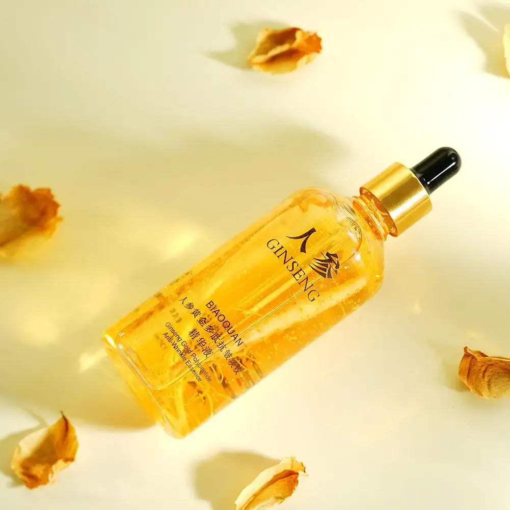 Face Serum – Even-Tone Radiance For Youthful Glow + Gold Ginseng Polypeptide Complex golden ginseng dropper bottle on pale background