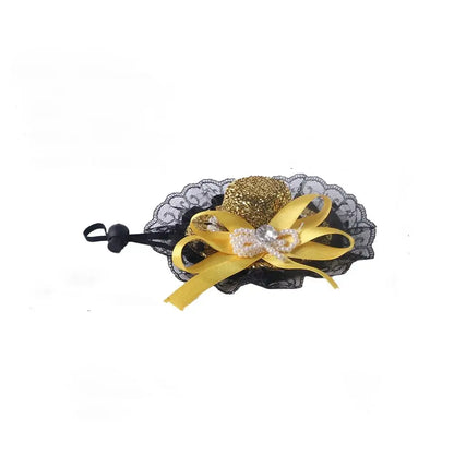 Pet Halloween Hat – Festive Shimmer + Adjustable Elastic Band For Cats And Small Pets gold sequin lace cat hat with yellow bow and adjustable elastic band